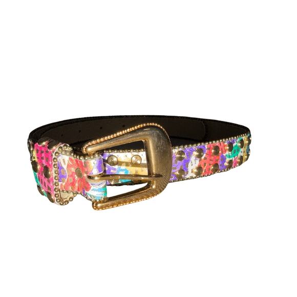 90s Retro Multicolor Geometric Studded Genuine Leather Belt SM Gold Hardware main image 6